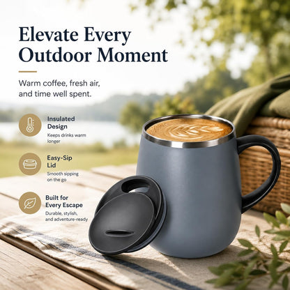 SereneSip 16oz Insulated Coffee Mug with Sliding Lid | Vacuum Sealed Stainless Steel Tumbler | BPA-Free, No Sweat Office Cup (Black)