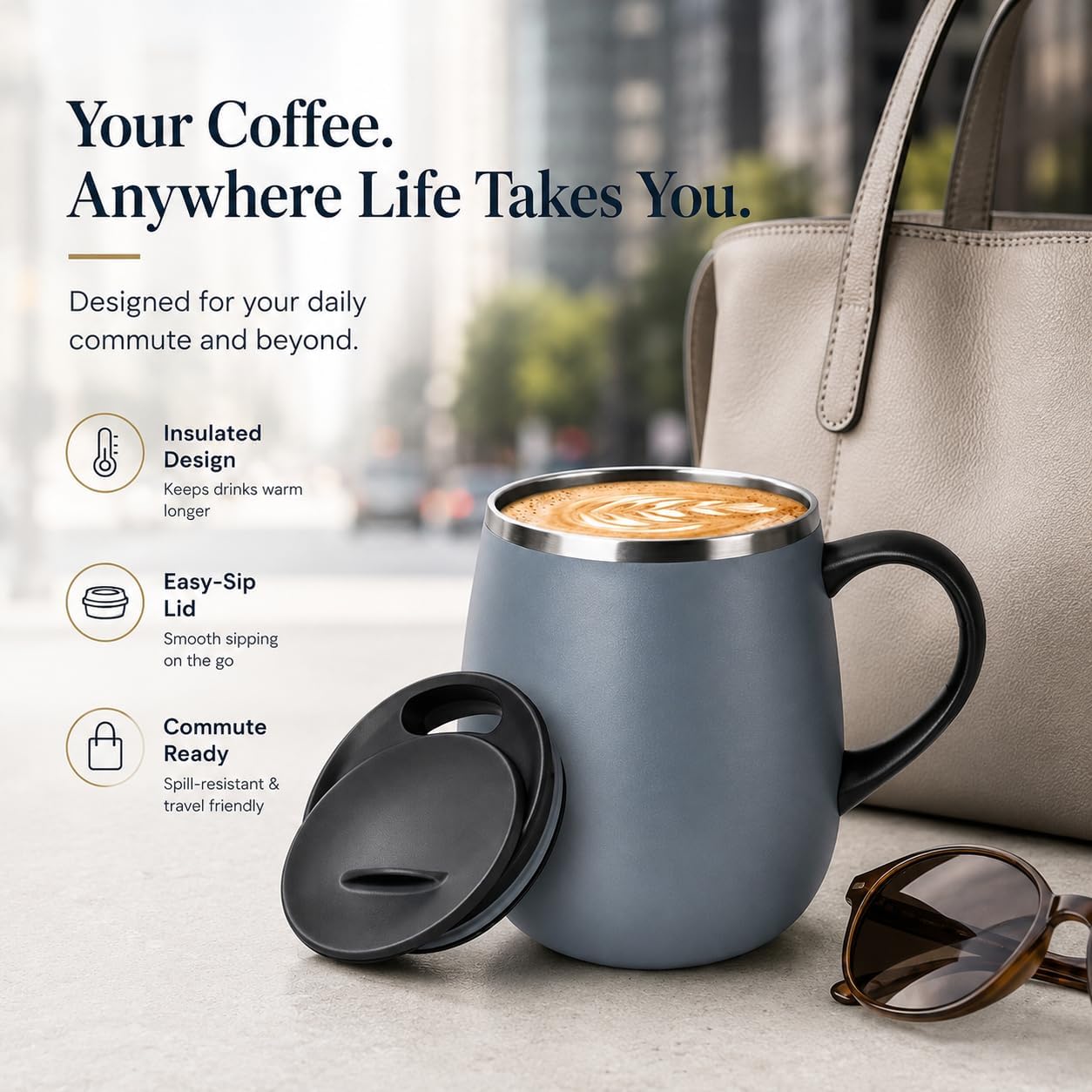 SereneSip 16oz Insulated Coffee Mug with Sliding Lid | Vacuum Sealed Stainless Steel Tumbler | BPA-Free, No Sweat Office Cup (Black)