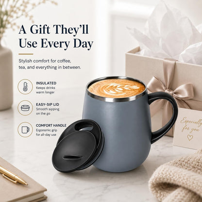 SereneSip 16oz Insulated Coffee Mug with Sliding Lid | Vacuum Sealed Stainless Steel Tumbler | BPA-Free, No Sweat Office Cup (Black)