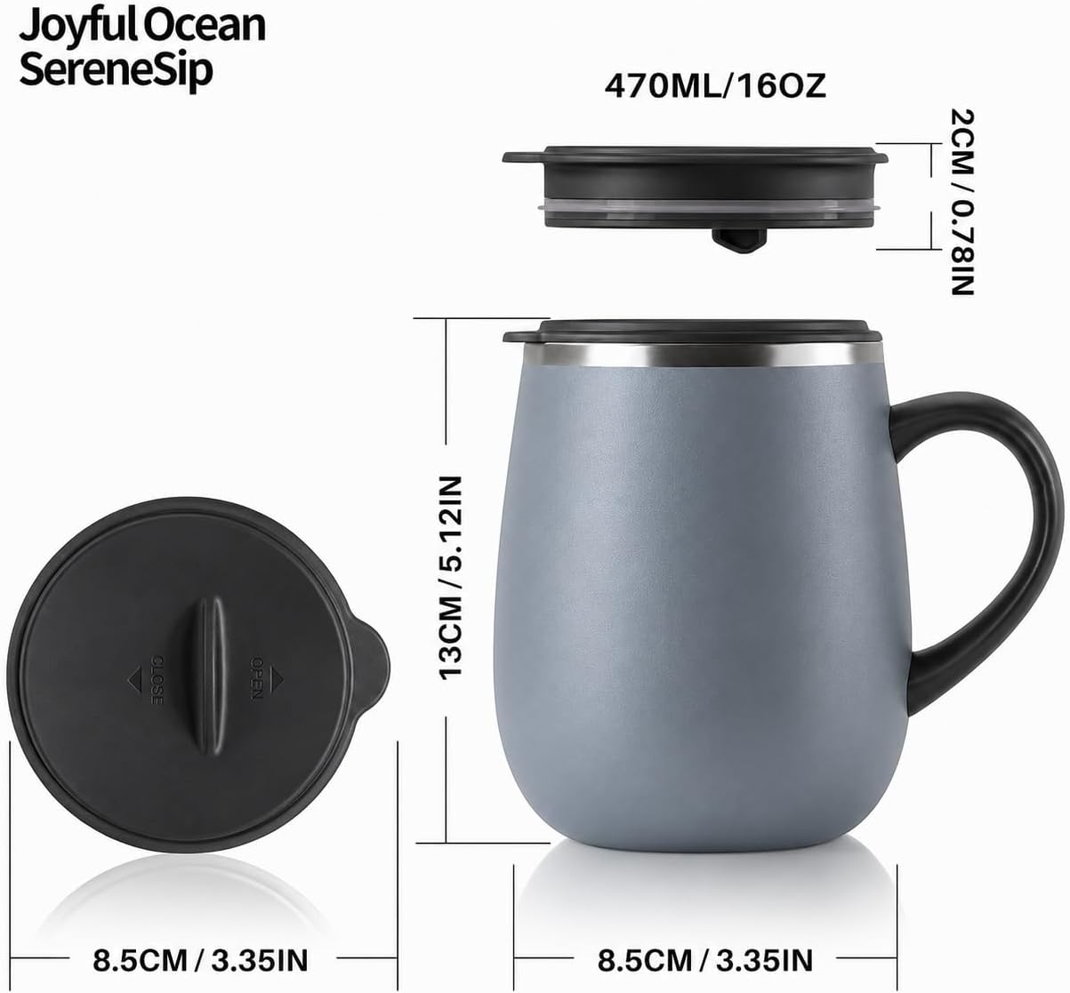 SereneSip 16oz Insulated Coffee Mug with Sliding Lid | Vacuum Sealed Stainless Steel Tumbler | BPA-Free, No Sweat Office Cup (Black)