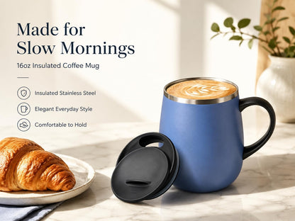 SereneSip 16oz Insulated Coffee Mug with Sliding Lid | Vacuum Sealed Stainless Steel Tumbler | BPA-Free, No Sweat Office Cup (Black)