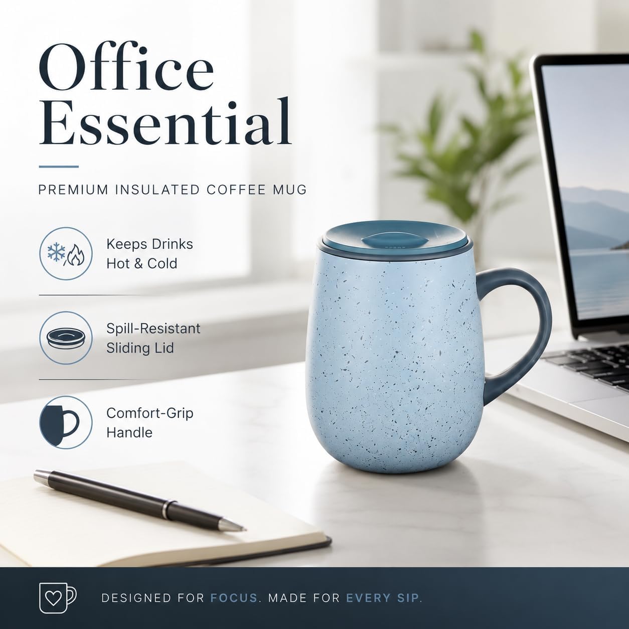 SereneSip 16oz Insulated Coffee Mug with Sliding Lid | Vacuum Sealed Stainless Steel Tumbler | BPA-Free, No Sweat Office Cup (Black)