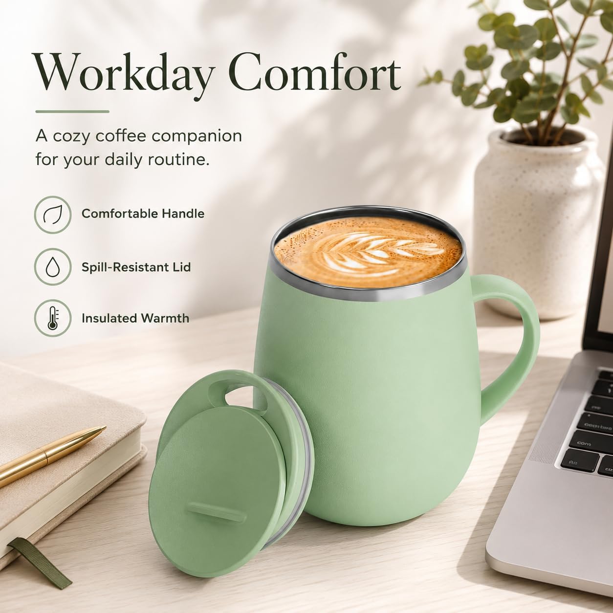 SereneSip 16oz Insulated Coffee Mug with Sliding Lid | Vacuum Sealed Stainless Steel Tumbler | BPA-Free, No Sweat Office Cup (Black)