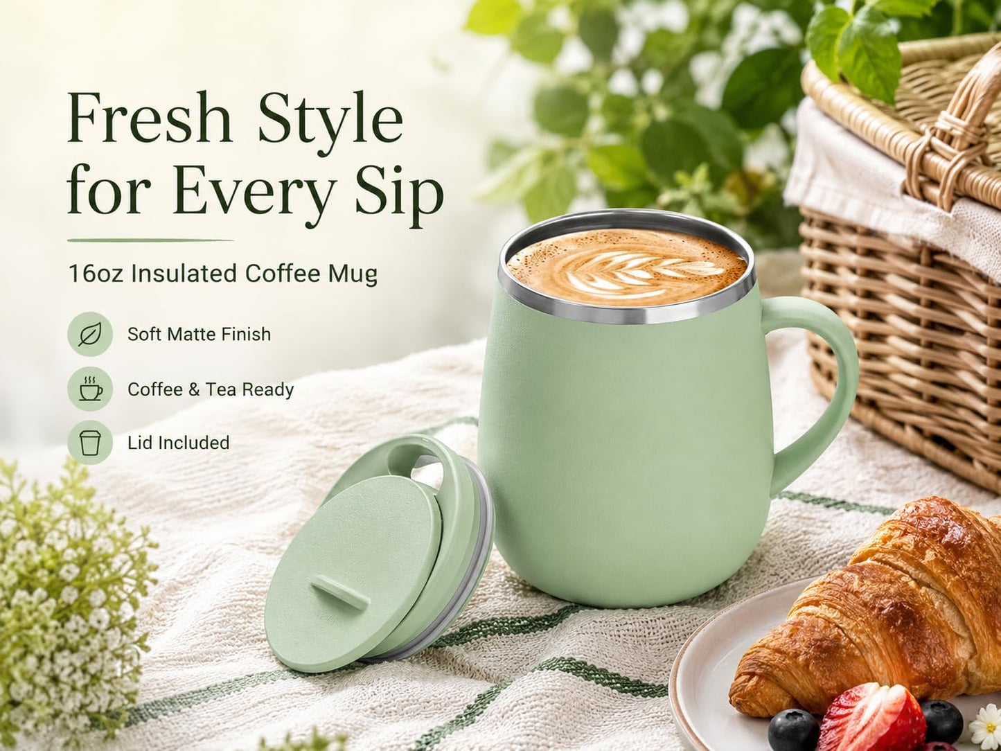 SereneSip 16oz Insulated Coffee Mug with Sliding Lid | Vacuum Sealed Stainless Steel Tumbler | BPA-Free, No Sweat Office Cup (Black)