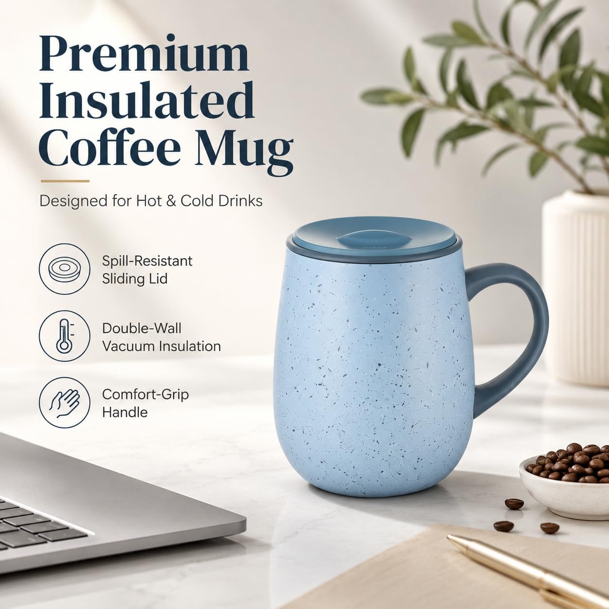 SereneSip 16oz Insulated Coffee Mug with Sliding Lid | Vacuum Sealed Stainless Steel Tumbler | BPA-Free, No Sweat Office Cup (Black)