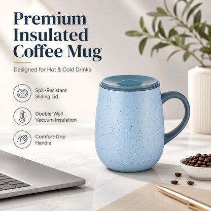 SereneSip 16oz Insulated Coffee Mug with Sliding Lid | Vacuum Sealed Stainless Steel Tumbler | BPA-Free, No Sweat Office Cup (Black)