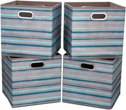 Cloth Storage Bins Set of 4 Thick Fabric Drawers Foldable Cubes Basket Organizer Container with Dual Metal Handles for Shelf Cabinet Bookcase Boxes Grey-White 13x13x13 inch