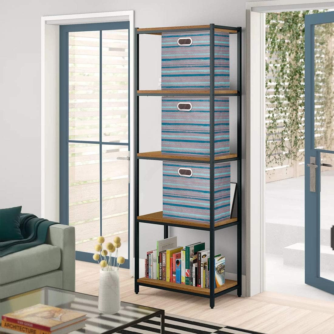 Cloth Storage Bins Set of 4 Thick Fabric Drawers Foldable Cubes Basket Organizer Container with Dual Metal Handles for Shelf Cabinet Bookcase Boxes Grey-White 13x13x13 inch