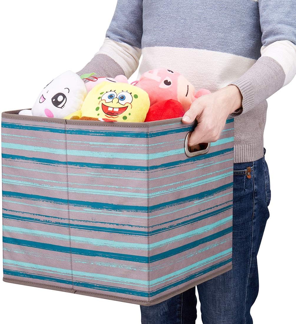 Cloth Storage Bins Set of 4 Thick Fabric Drawers Foldable Cubes Basket Organizer Container with Dual Metal Handles for Shelf Cabinet Bookcase Boxes Grey-White 13x13x13 inch