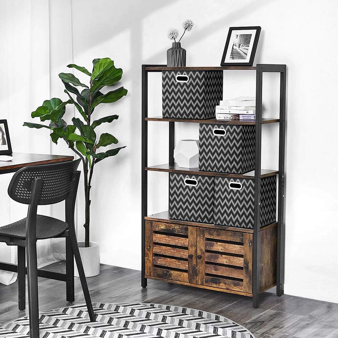 Cloth Storage Bins Set of 4 Thick Fabric Drawers Foldable Cubes Basket Organizer Container with Dual Metal Handles for Shelf Cabinet Bookcase Boxes Grey-White 13x13x13 inch
