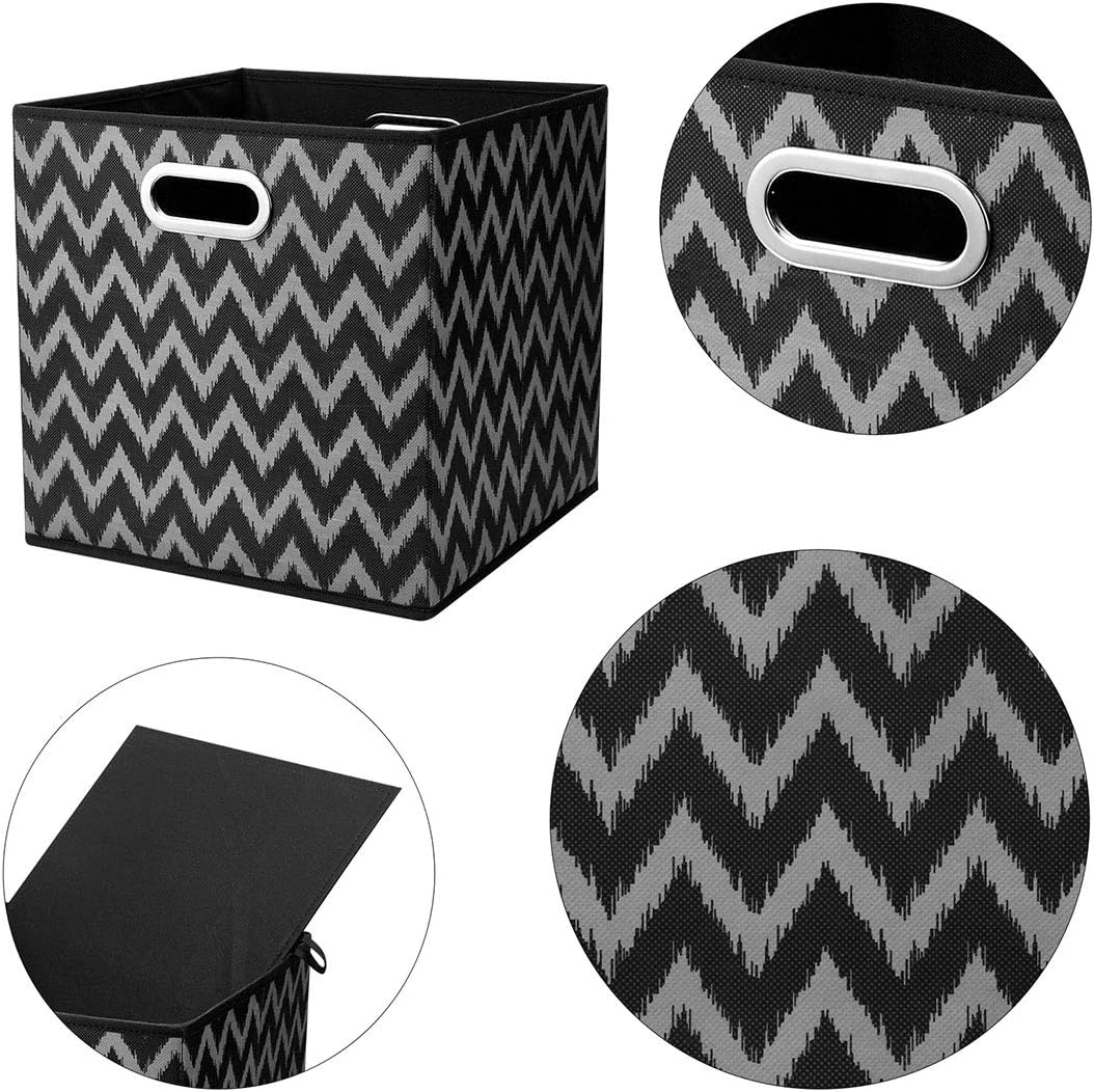 Cloth Storage Bins Set of 4 Thick Fabric Drawers Foldable Cubes Basket Organizer Container with Dual Metal Handles for Shelf Cabinet Bookcase Boxes Grey-White 13x13x13 inch