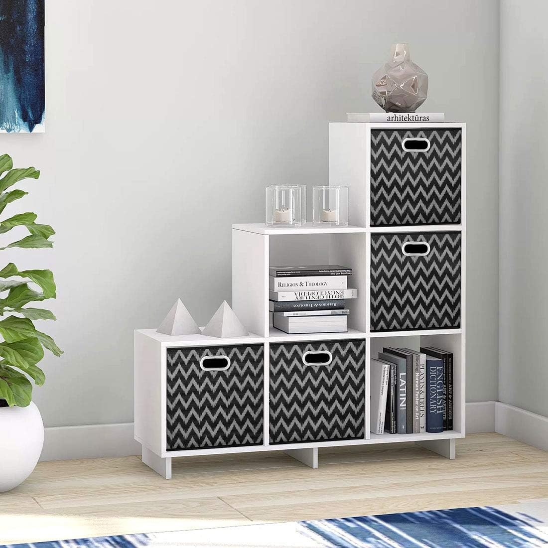 Cloth Storage Bins Set of 4 Thick Fabric Drawers Foldable Cubes Basket Organizer Container with Dual Metal Handles for Shelf Cabinet Bookcase Boxes Grey-White 13x13x13 inch