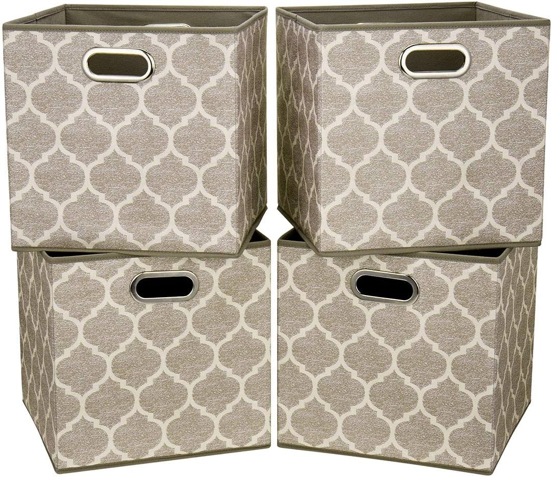 Cloth Storage Bins Set of 4 Thick Fabric Drawers Foldable Cubes Basket Organizer Container with Dual Metal Handles for Shelf Cabinet Bookcase Boxes Grey-White 13x13x13 inch
