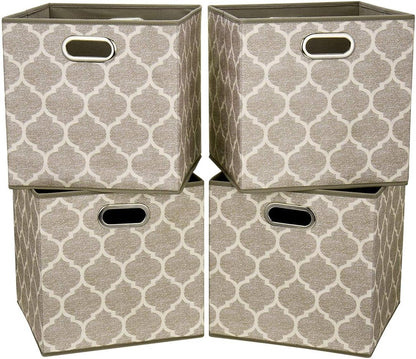 Cloth Storage Bins Set of 4 Thick Fabric Drawers Foldable Cubes Basket Organizer Container with Dual Metal Handles for Shelf Cabinet Bookcase Boxes Grey-White 13x13x13 inch
