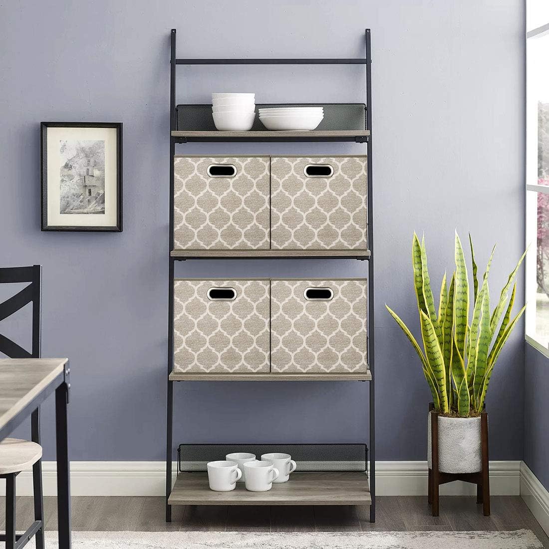 Cloth Storage Bins Set of 4 Thick Fabric Drawers Foldable Cubes Basket Organizer Container with Dual Metal Handles for Shelf Cabinet Bookcase Boxes Grey-White 13x13x13 inch