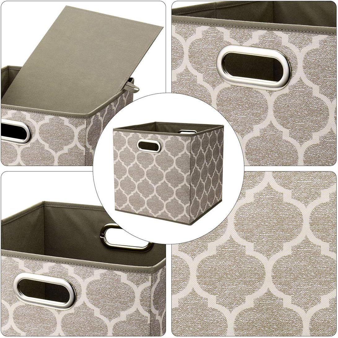 Cloth Storage Bins Set of 4 Thick Fabric Drawers Foldable Cubes Basket Organizer Container with Dual Metal Handles for Shelf Cabinet Bookcase Boxes Grey-White 13x13x13 inch