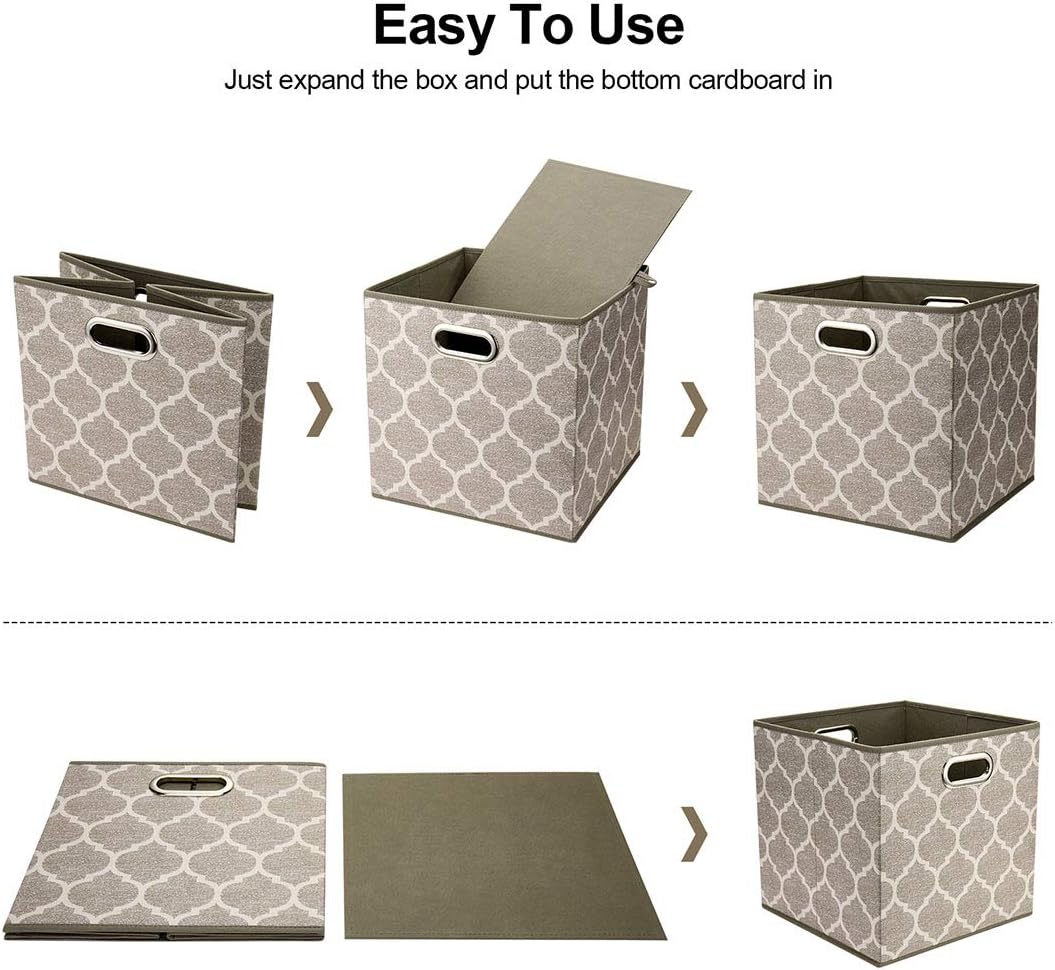 Cloth Storage Bins Set of 4 Thick Fabric Drawers Foldable Cubes Basket Organizer Container with Dual Metal Handles for Shelf Cabinet Bookcase Boxes Grey-White 13x13x13 inch