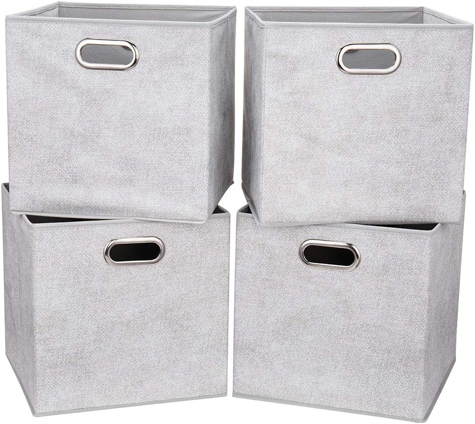 Cloth Storage Bins Set of 4 Thick Fabric Drawers Foldable Cubes Basket Organizer Container with Dual Metal Handles for Shelf Cabinet Bookcase Boxes Grey-White 13x13x13 inch