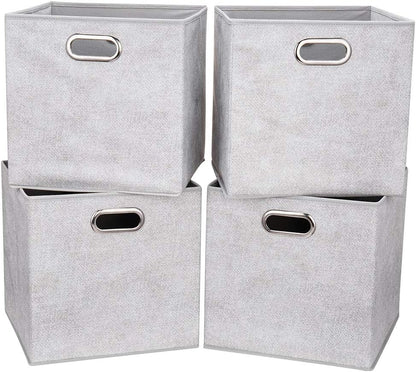 Cloth Storage Bins Set of 4 Thick Fabric Drawers Foldable Cubes Basket Organizer Container with Dual Metal Handles for Shelf Cabinet Bookcase Boxes Grey-White 13x13x13 inch