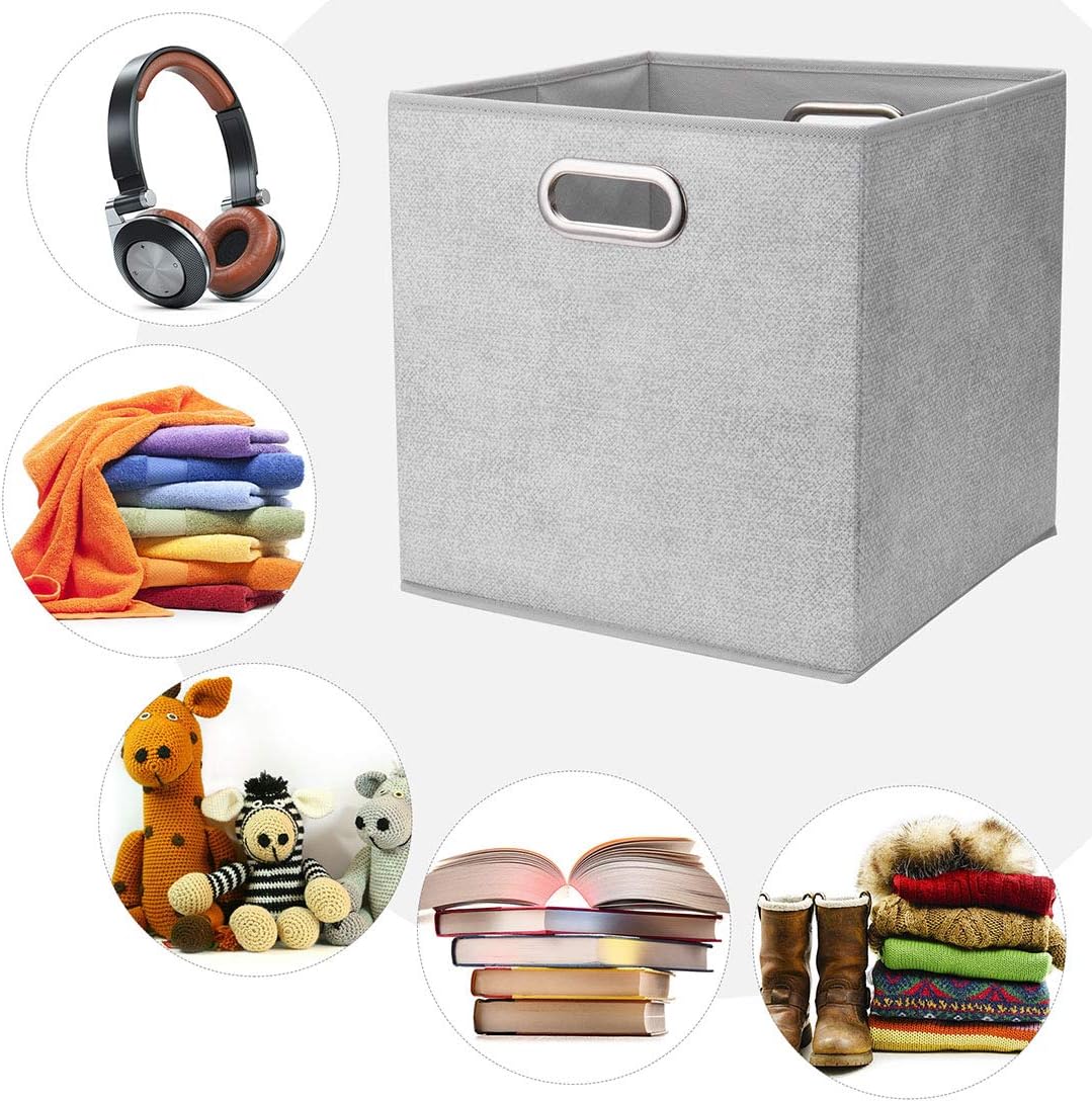 Cloth Storage Bins Set of 4 Thick Fabric Drawers Foldable Cubes Basket Organizer Container with Dual Metal Handles for Shelf Cabinet Bookcase Boxes Grey-White 13x13x13 inch