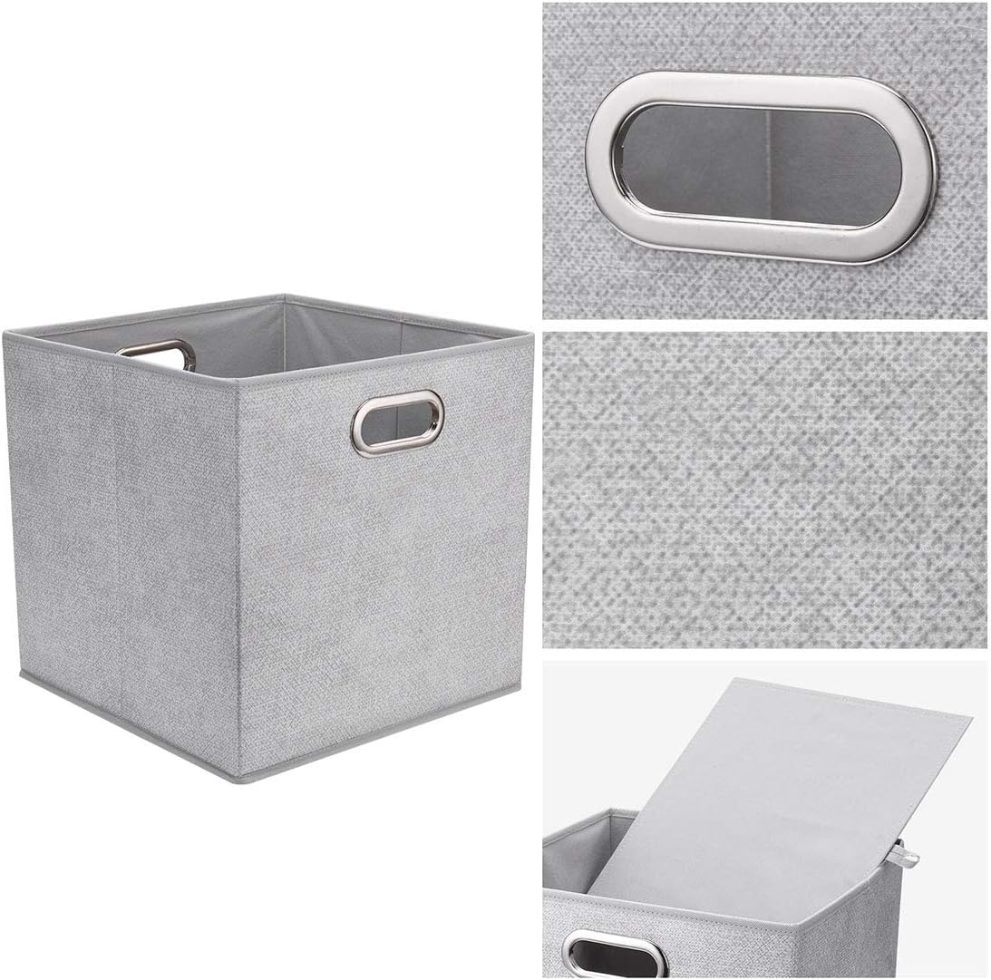 Cloth Storage Bins Set of 4 Thick Fabric Drawers Foldable Cubes Basket Organizer Container with Dual Metal Handles for Shelf Cabinet Bookcase Boxes Grey-White 13x13x13 inch