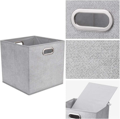 Cloth Storage Bins Set of 4 Thick Fabric Drawers Foldable Cubes Basket Organizer Container with Dual Metal Handles for Shelf Cabinet Bookcase Boxes Grey-White 13x13x13 inch