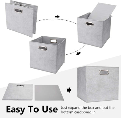 Cloth Storage Bins Set of 4 Thick Fabric Drawers Foldable Cubes Basket Organizer Container with Dual Metal Handles for Shelf Cabinet Bookcase Boxes Grey-White 13x13x13 inch
