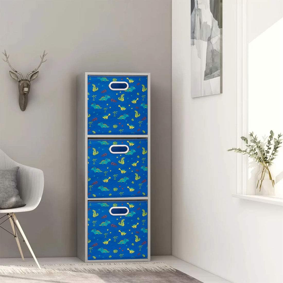 Cloth Storage Bins Set of 4 Thick Fabric Drawers Foldable Cubes Basket Organizer Container with Dual Metal Handles for Shelf Cabinet Bookcase Boxes Grey-White 13x13x13 inch
