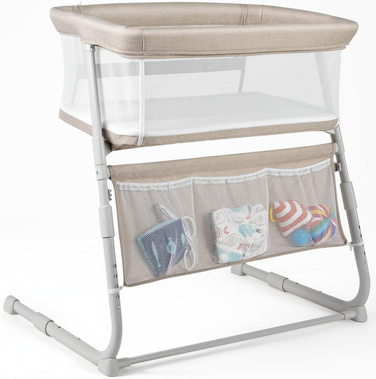 Bassinet Bedside Sleeper, Baby Bassinet Slides Over Bed, 5-Position Height Adjustment & Breathable All-Mesh Wall for Baby, Space-Saving Bedside Crib, Height (37.4-41.3"), Beige