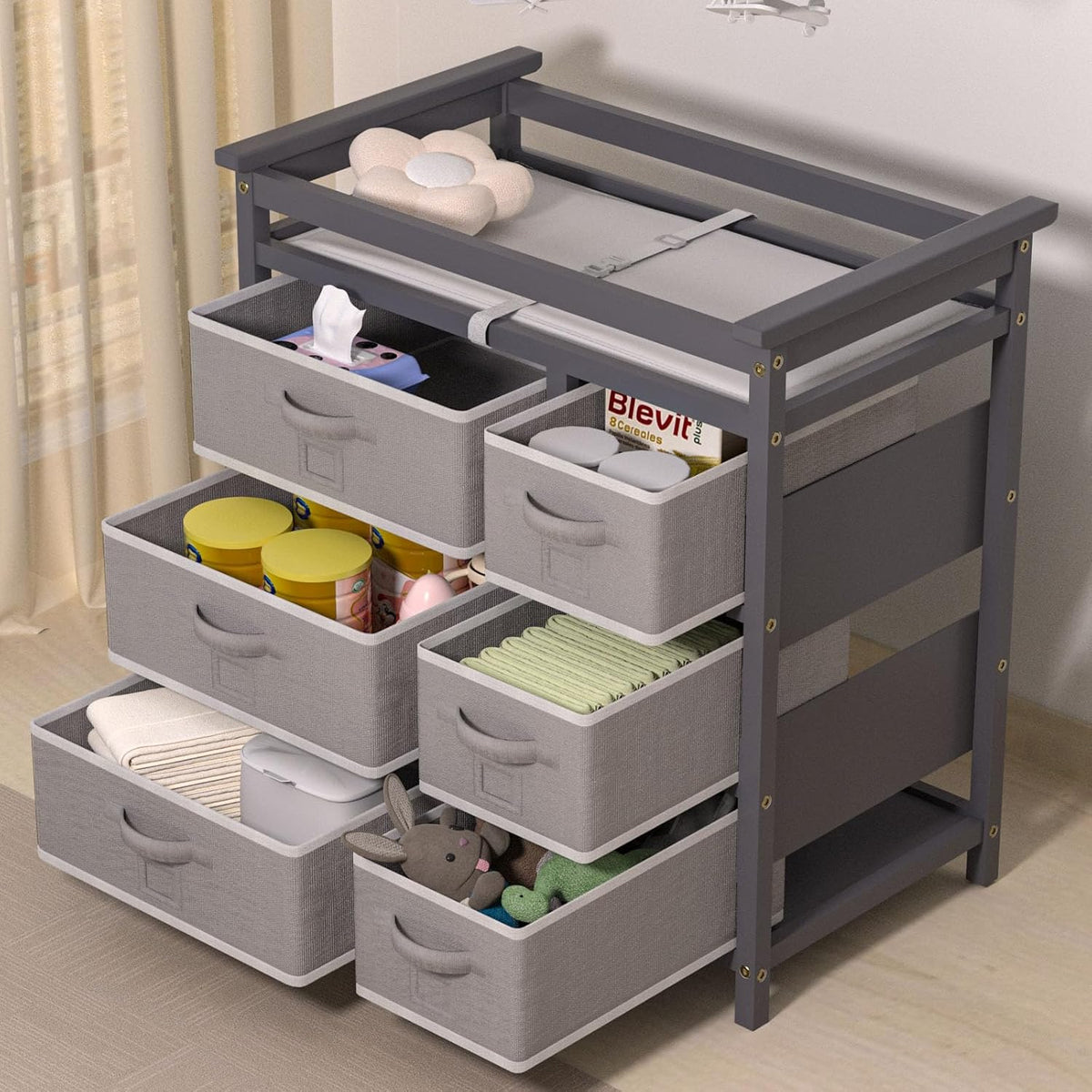 XJD Wooden Diaper Changing Table with 6 Storage Baskets, Modern Baby Changing Table, Infant Diaper Changing Station Dresser with Pad (White)