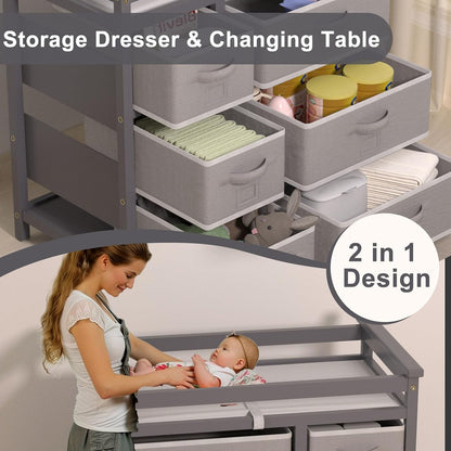 XJD Wooden Diaper Changing Table with 6 Storage Baskets, Modern Baby Changing Table, Infant Diaper Changing Station Dresser with Pad (White)