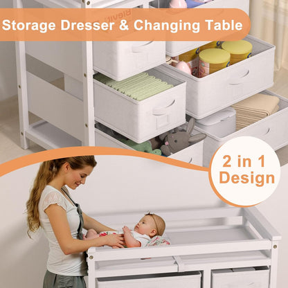 XJD Wooden Diaper Changing Table with 6 Storage Baskets, Modern Baby Changing Table, Infant Diaper Changing Station Dresser with Pad (White)