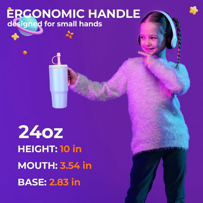 24oz kids stainless steel water bottle with handle and Silicone Lid | Spill Proof Insulated Tumbler, BPA-Free Reusable Leak-Proof Kid Cups for School, Outdoor, Gift for Boys Girls, Black