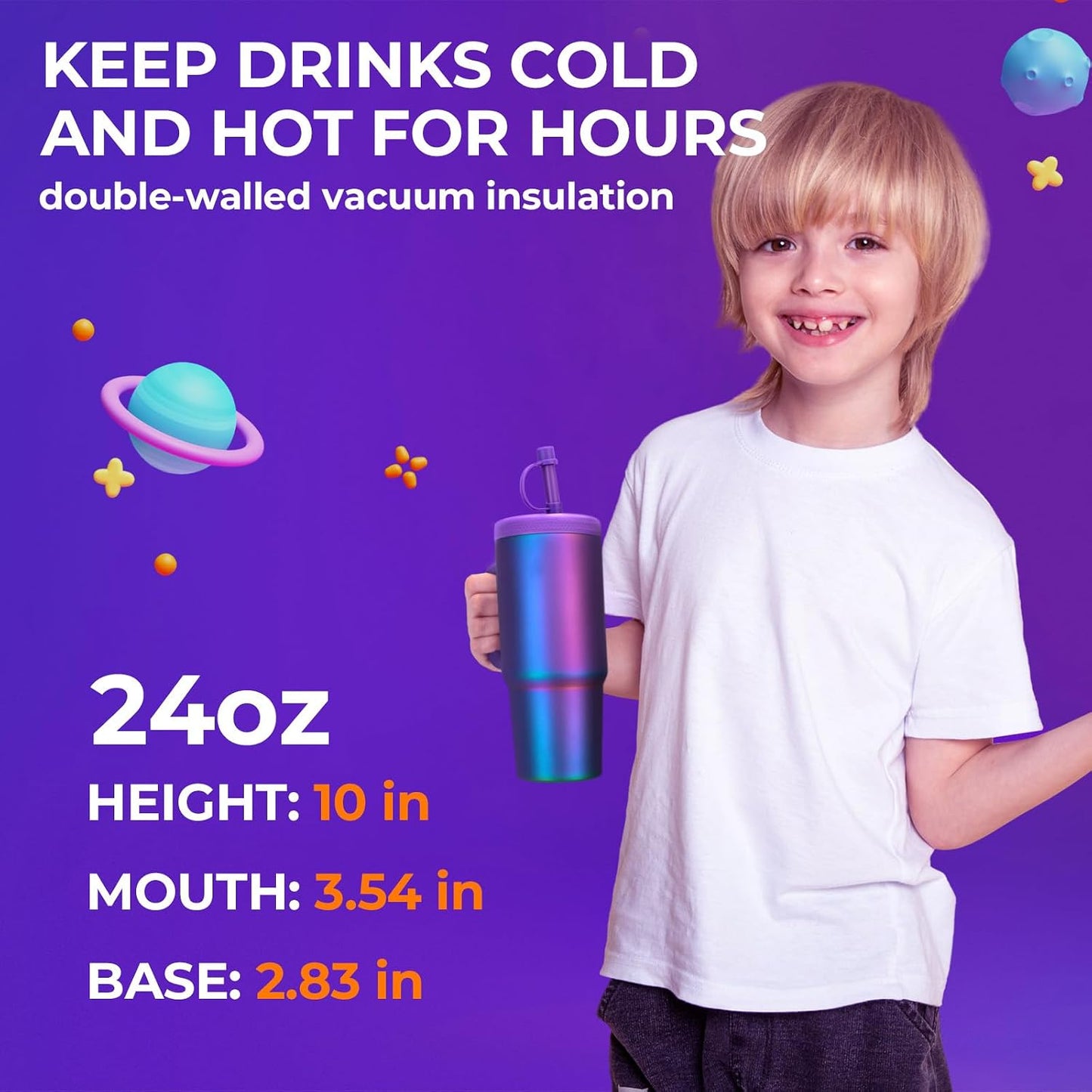 24oz kids stainless steel water bottle with handle and Silicone Lid | Spill Proof Insulated Tumbler, BPA-Free Reusable Leak-Proof Kid Cups for School, Outdoor, Gift for Boys Girls, Black