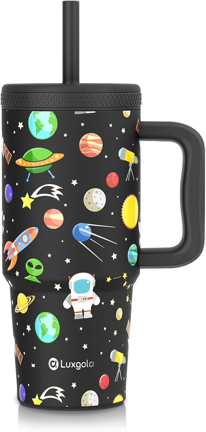 24oz kids stainless steel water bottle with handle and Silicone Lid | Spill Proof Insulated Tumbler, BPA-Free Reusable Leak-Proof Kid Cups for School, Outdoor, Gift for Boys Girls, Black