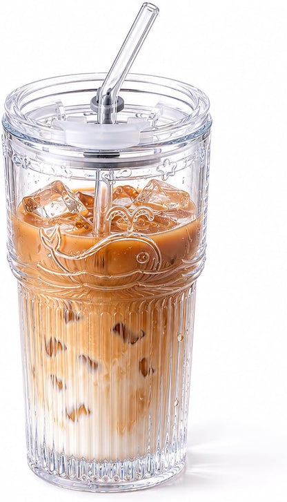 16oz Glass With Lid And Straw, Transparent Travel Iced Coffee Cup, Suitable For Water, Coffee, Tea, Beverages, Home, Office, Outdoor Use-Whale Cup