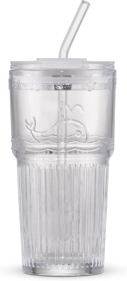 16oz Glass With Lid And Straw, Transparent Travel Iced Coffee Cup, Suitable For Water, Coffee, Tea, Beverages, Home, Office, Outdoor Use-Whale Cup