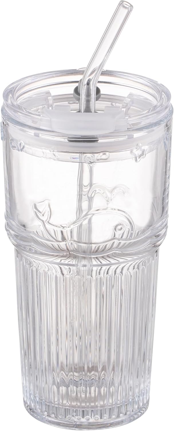 16oz Glass With Lid And Straw, Transparent Travel Iced Coffee Cup, Suitable For Water, Coffee, Tea, Beverages, Home, Office, Outdoor Use-Whale Cup