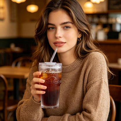 16oz Glass With Lid And Straw, Transparent Travel Iced Coffee Cup, Suitable For Water, Coffee, Tea, Beverages, Home, Office, Outdoor Use-Whale Cup