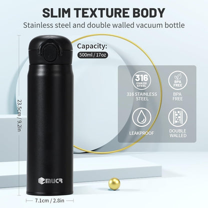 17oz BPA-Free Flip Lid Water Bottle, Cup Holder Compatible, Black | 304 Stainless Steel, 24H Cold/12H Hot, Leak-Proof, BPA-Free, School, Commute, Travel