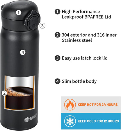 17oz BPA-Free Flip Lid Water Bottle, Cup Holder Compatible, Black | 304 Stainless Steel, 24H Cold/12H Hot, Leak-Proof, BPA-Free, School, Commute, Travel