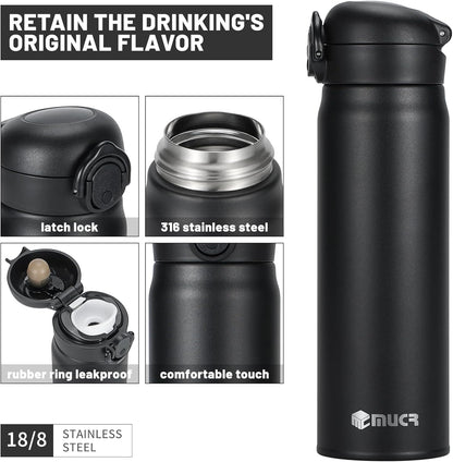17oz BPA-Free Flip Lid Water Bottle, Cup Holder Compatible, Black | 304 Stainless Steel, 24H Cold/12H Hot, Leak-Proof, BPA-Free, School, Commute, Travel