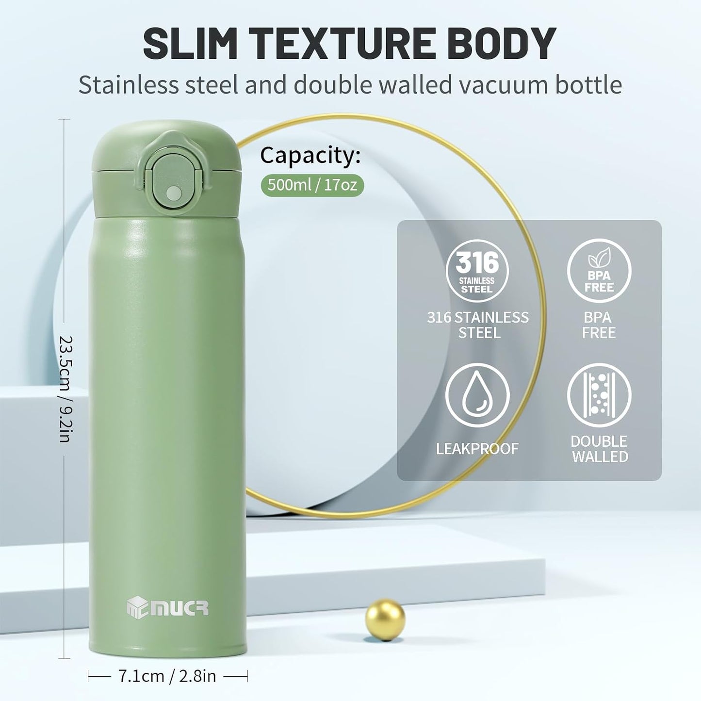 17oz BPA-Free Flip Lid Water Bottle, Cup Holder Compatible, Black | 304 Stainless Steel, 24H Cold/12H Hot, Leak-Proof, BPA-Free, School, Commute, Travel