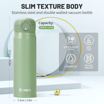 17oz BPA-Free Flip Lid Water Bottle, Cup Holder Compatible, Black | 304 Stainless Steel, 24H Cold/12H Hot, Leak-Proof, BPA-Free, School, Commute, Travel