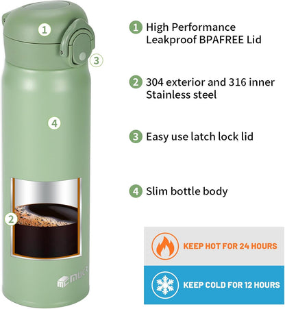 17oz BPA-Free Flip Lid Water Bottle, Cup Holder Compatible, Black | 304 Stainless Steel, 24H Cold/12H Hot, Leak-Proof, BPA-Free, School, Commute, Travel