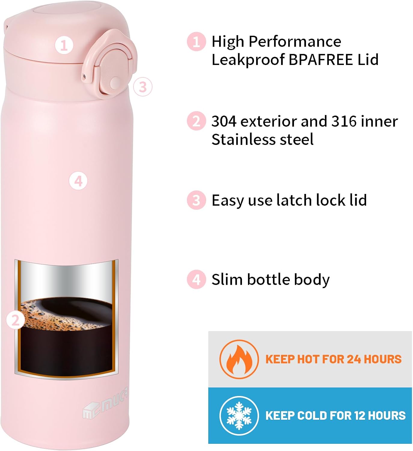 17oz BPA-Free Flip Lid Water Bottle, Cup Holder Compatible, Black | 304 Stainless Steel, 24H Cold/12H Hot, Leak-Proof, BPA-Free, School, Commute, Travel