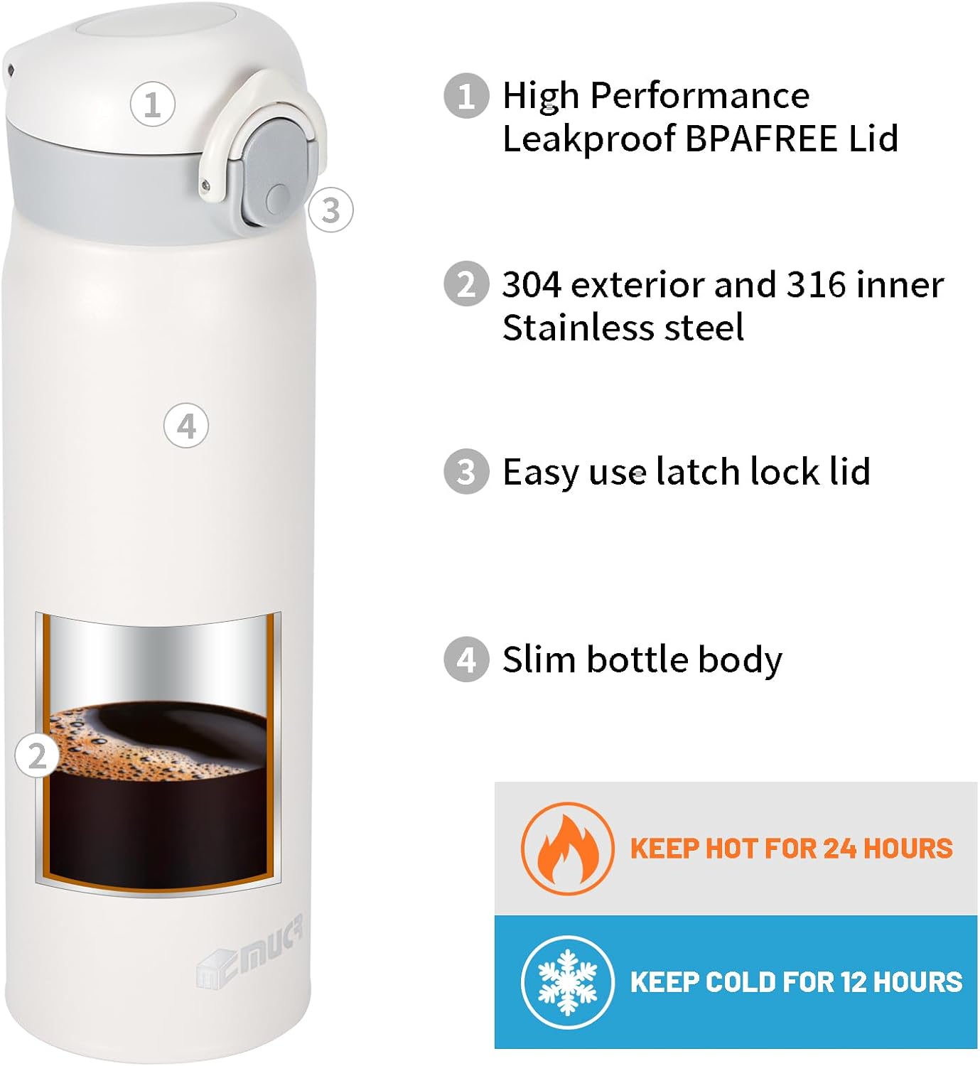 17oz BPA-Free Flip Lid Water Bottle, Cup Holder Compatible, Black | 304 Stainless Steel, 24H Cold/12H Hot, Leak-Proof, BPA-Free, School, Commute, Travel