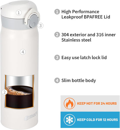 17oz BPA-Free Flip Lid Water Bottle, Cup Holder Compatible, Black | 304 Stainless Steel, 24H Cold/12H Hot, Leak-Proof, BPA-Free, School, Commute, Travel