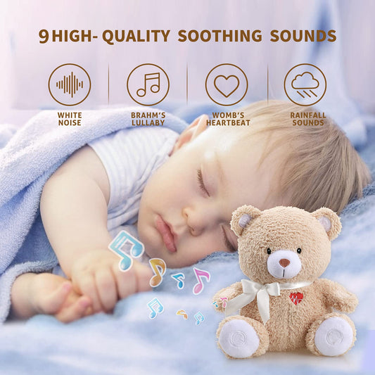Newborns Musical Baby Sleep Soother, Mom's Heartbeat White Noise Machine, Bear Sleeping Aid with Cry Sensor|Night Light & 9 Sounds Therapy|Womb Sound Stuffed Toy for Toddler Crib|Deep Brown