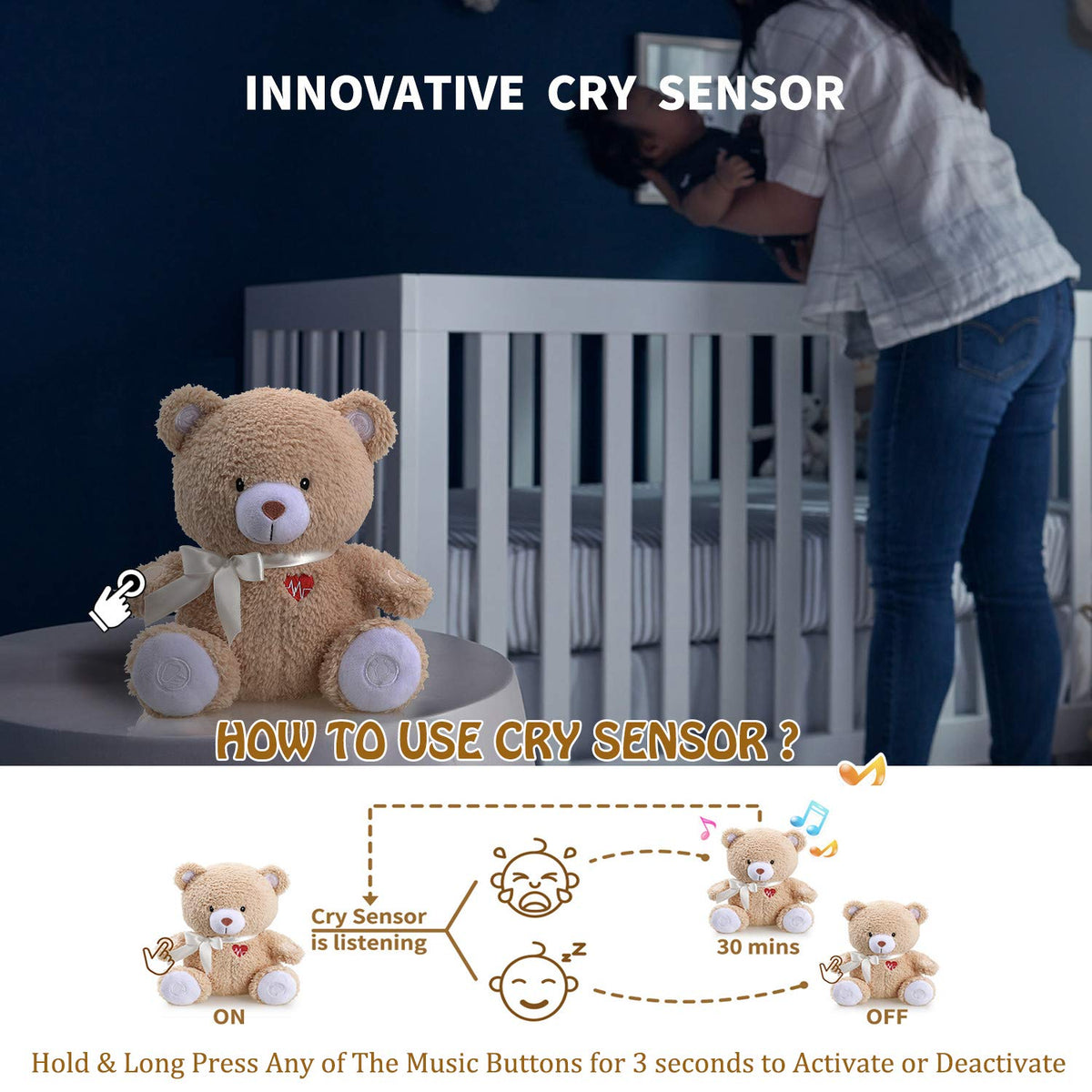 Newborns Musical Baby Sleep Soother, Mom's Heartbeat White Noise Machine, Bear Sleeping Aid with Cry Sensor|Night Light & 9 Sounds Therapy|Womb Sound Stuffed Toy for Toddler Crib|Deep Brown